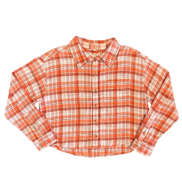 American Eagle Outfitters Orange Plaid Button Down Crop Top Blouse Size Medium - Picture 3 of 16